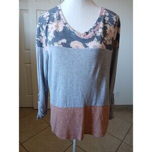 Signature Studio Womens Top Shirt Large Gray Orange Floral Roll Tab‎ Sleeve